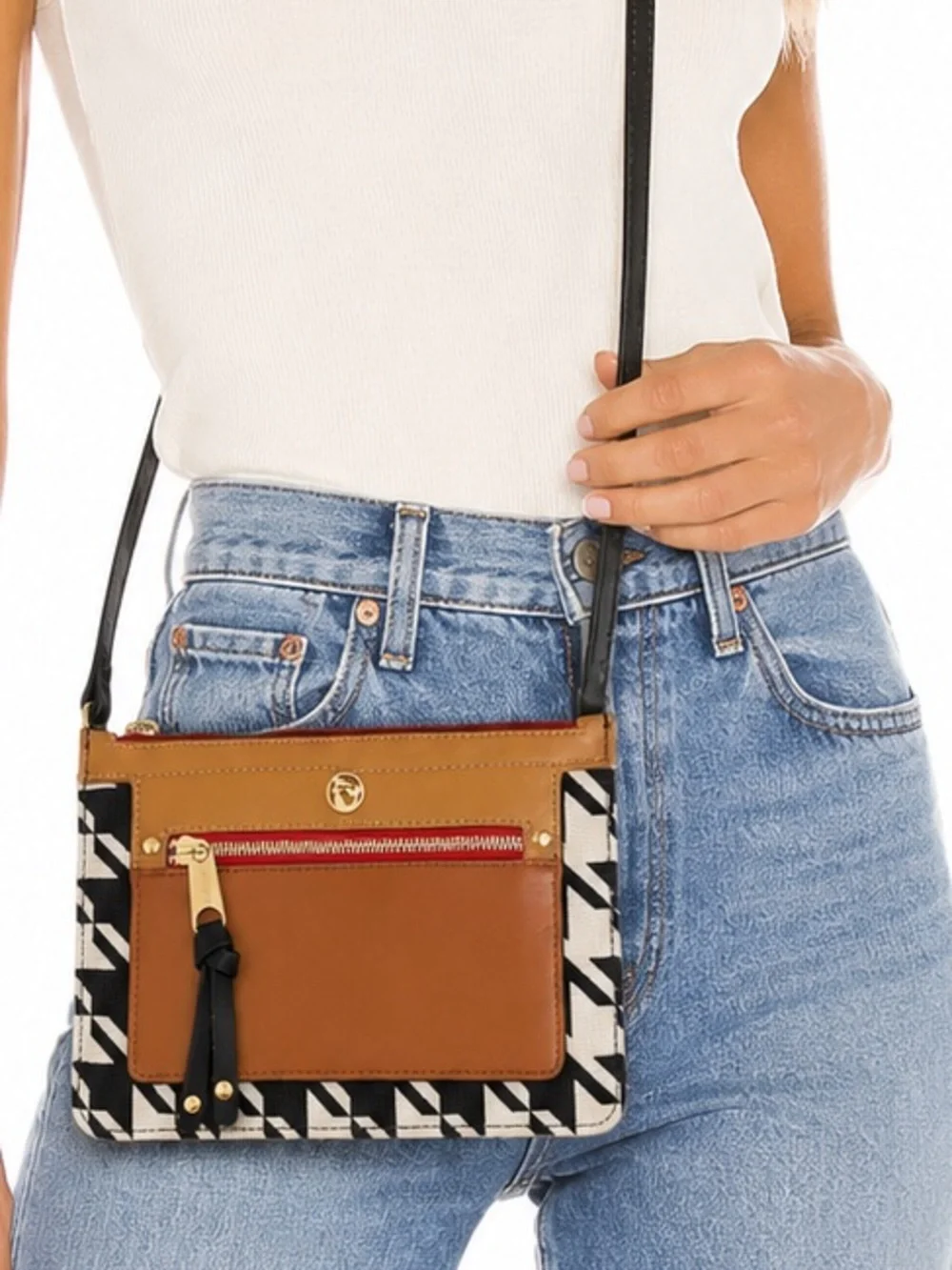 NWT Spartina 449 Stoddard Slim Hipster Crossbody Bag Linen Leather Black Cognac